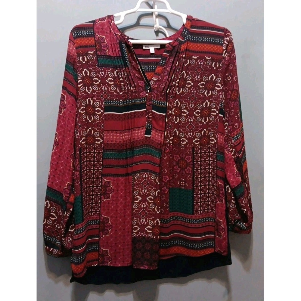 Womens XL Southwestern Aztec Red Blouse Oversized Color Block Whimsical Flowy